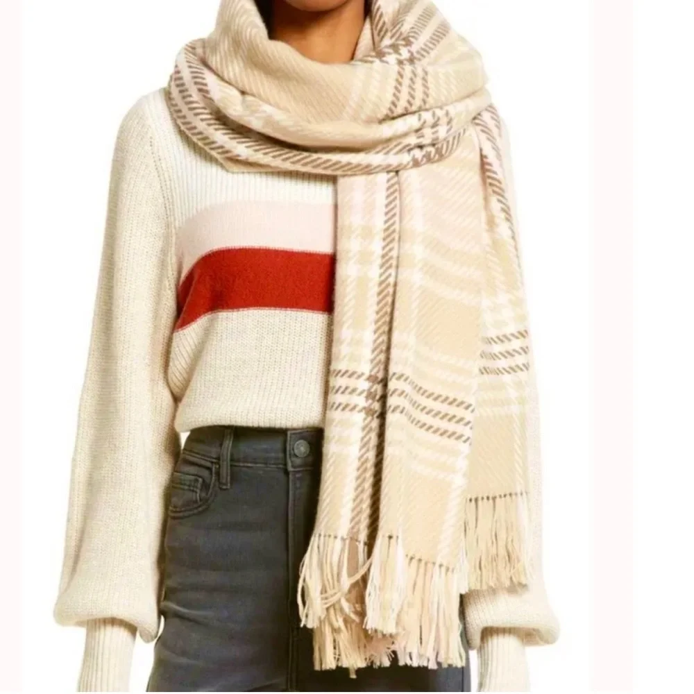 NORDSTROM 100% Cashmere NEW Plaid Wrap Oversized Scarf In Tan Combo NEW